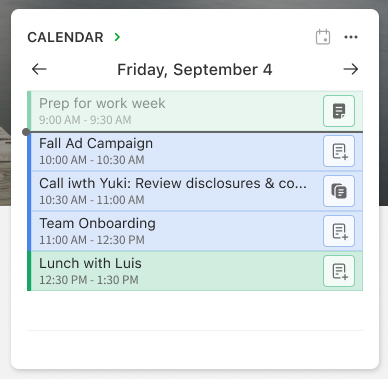 List view in the calendar widget