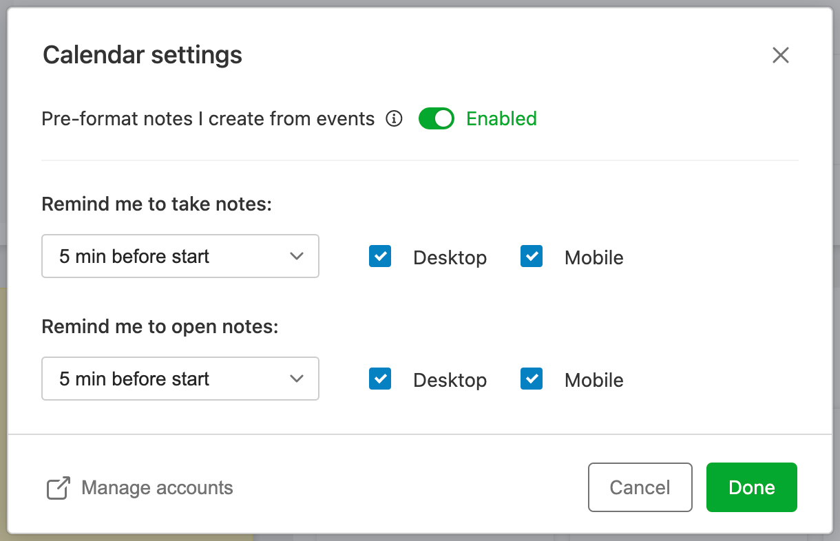 Calendar widget settings window