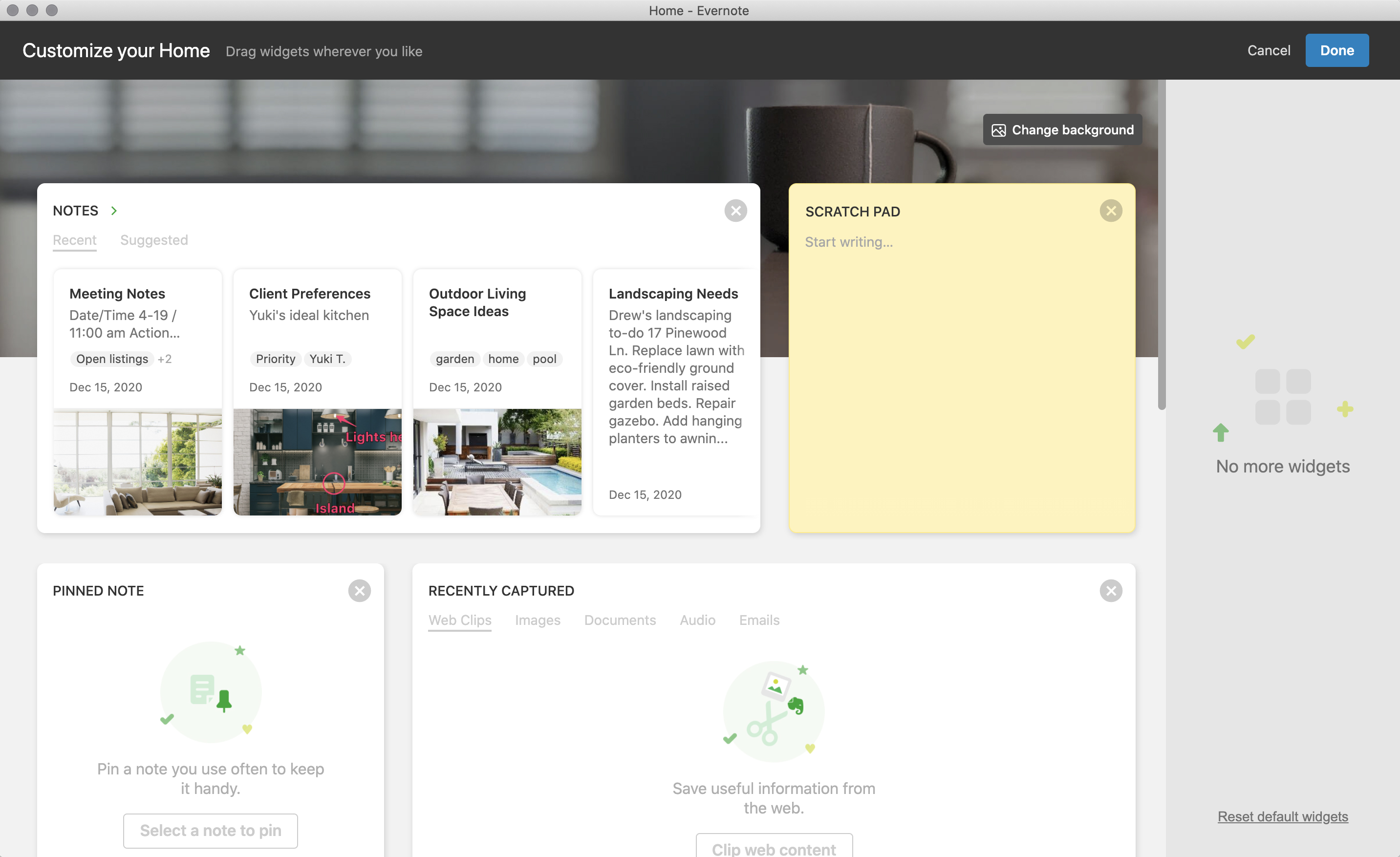 Customize Home in Evernote