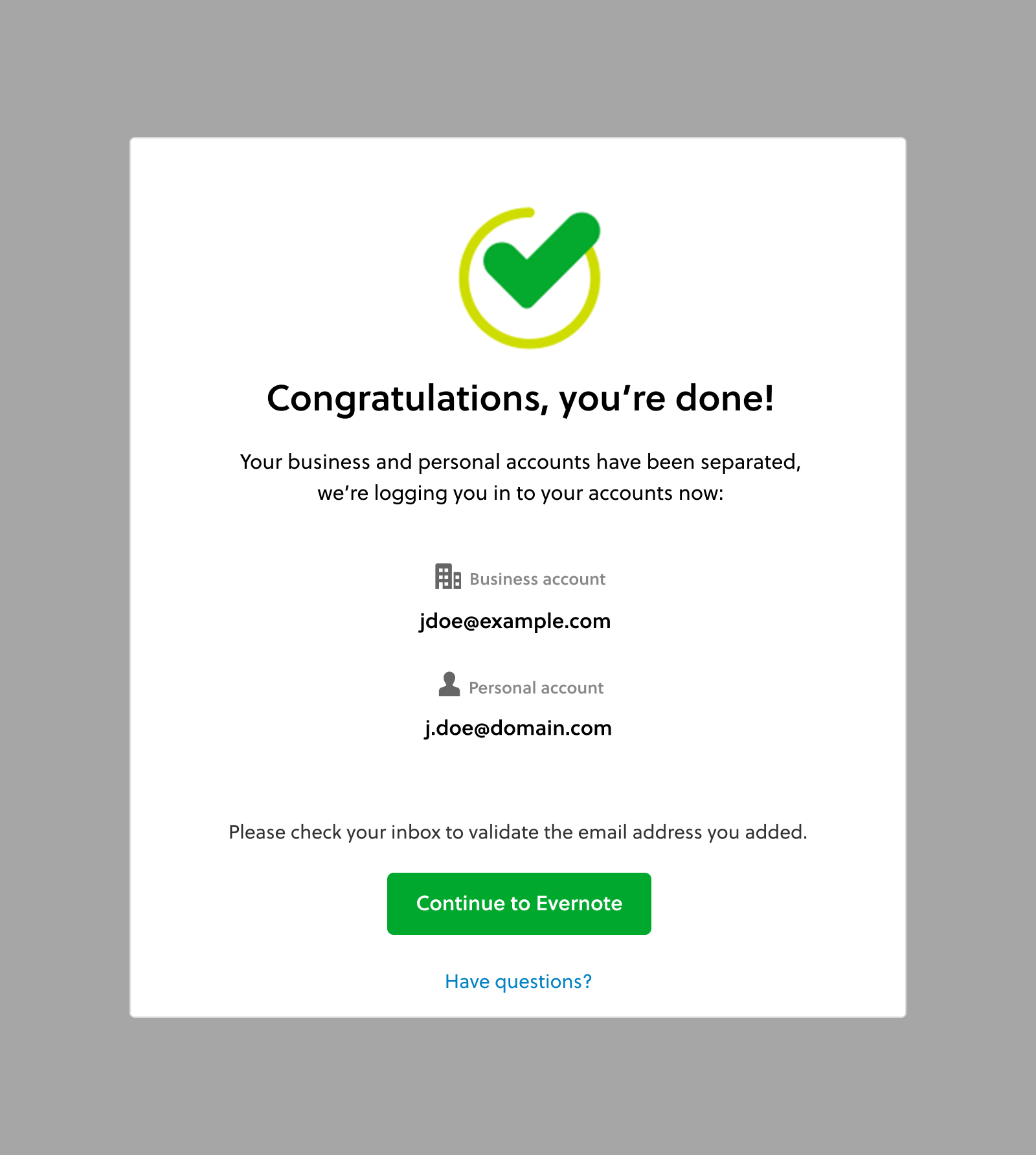 Evernote Business account update confirmation screen
