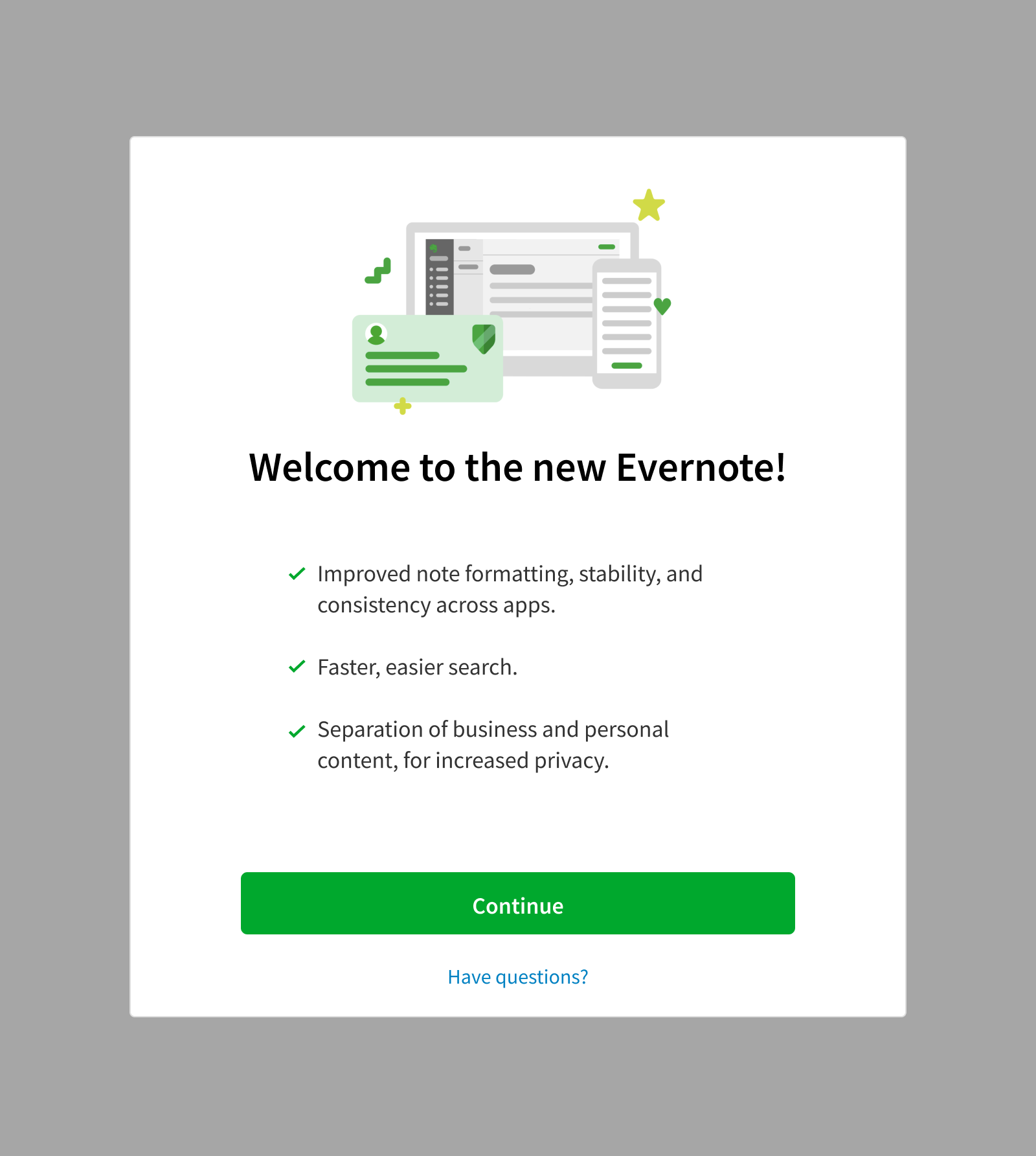 Evernote Business account update welcome screen