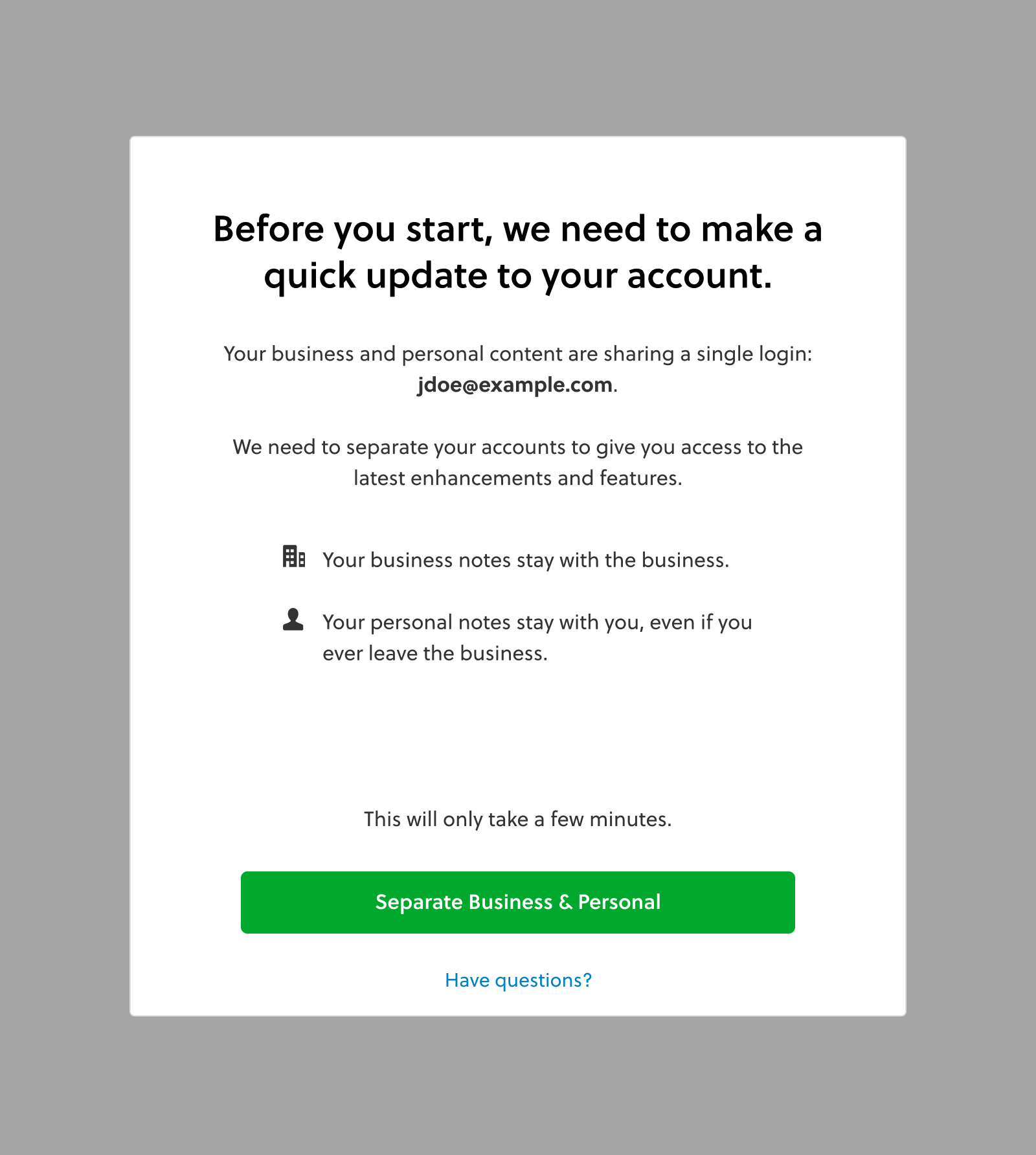 Evernote Business account update information screen