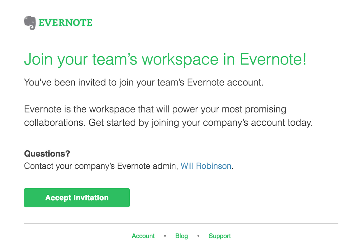 Convite de e-mail do Evernote Teams