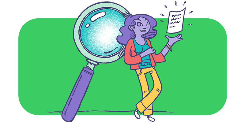 A woman with a magnifying glass to indicate search