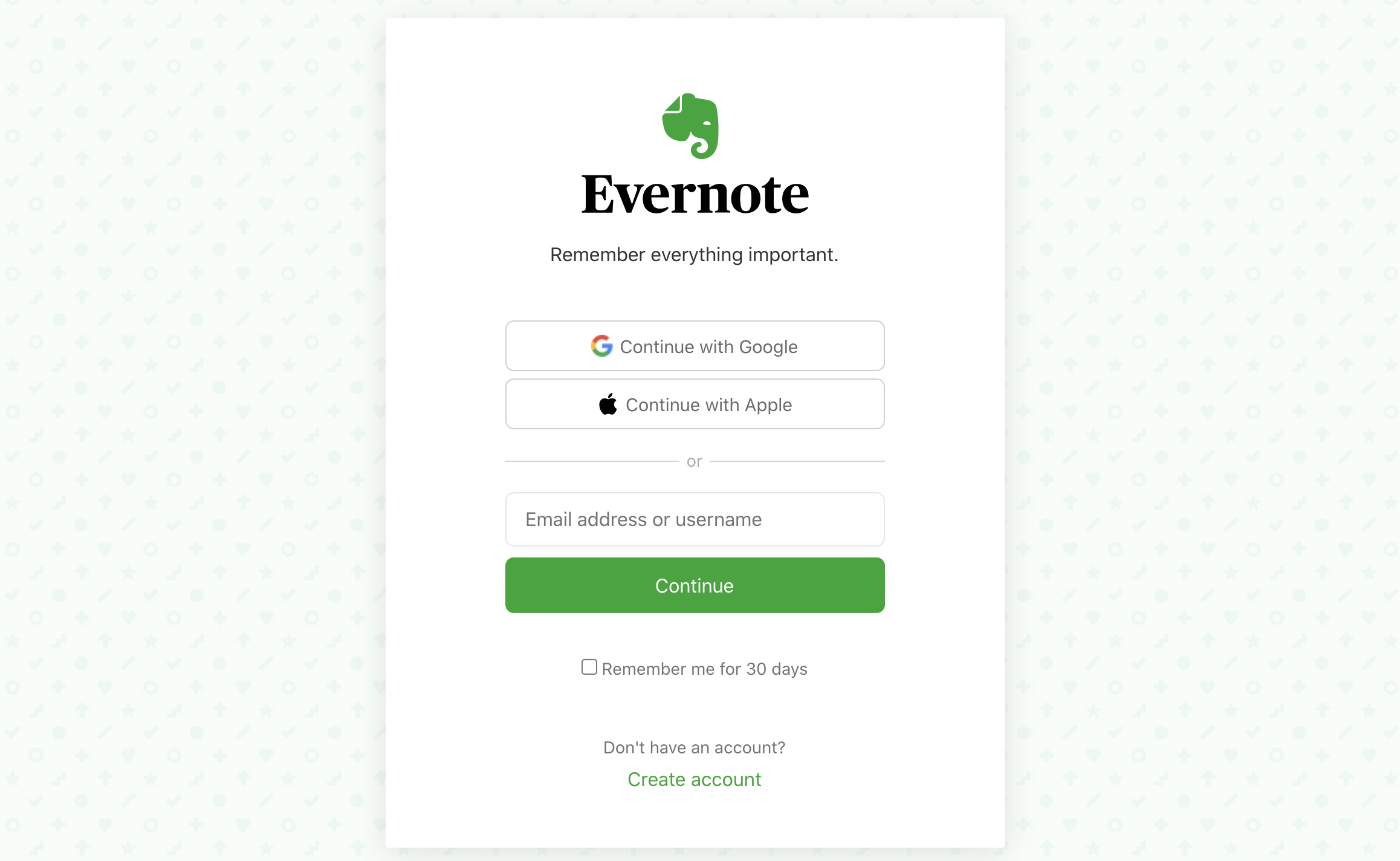 Påloggingsside for Evernote Web