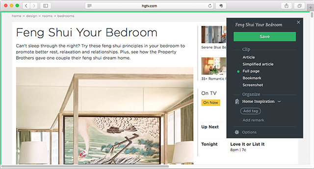 Screenshot of the Evernote Web Clipper panel