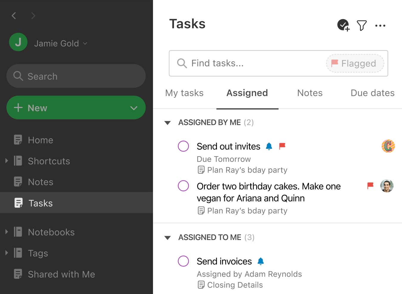 The 'Assigned' tab in the Tasks view