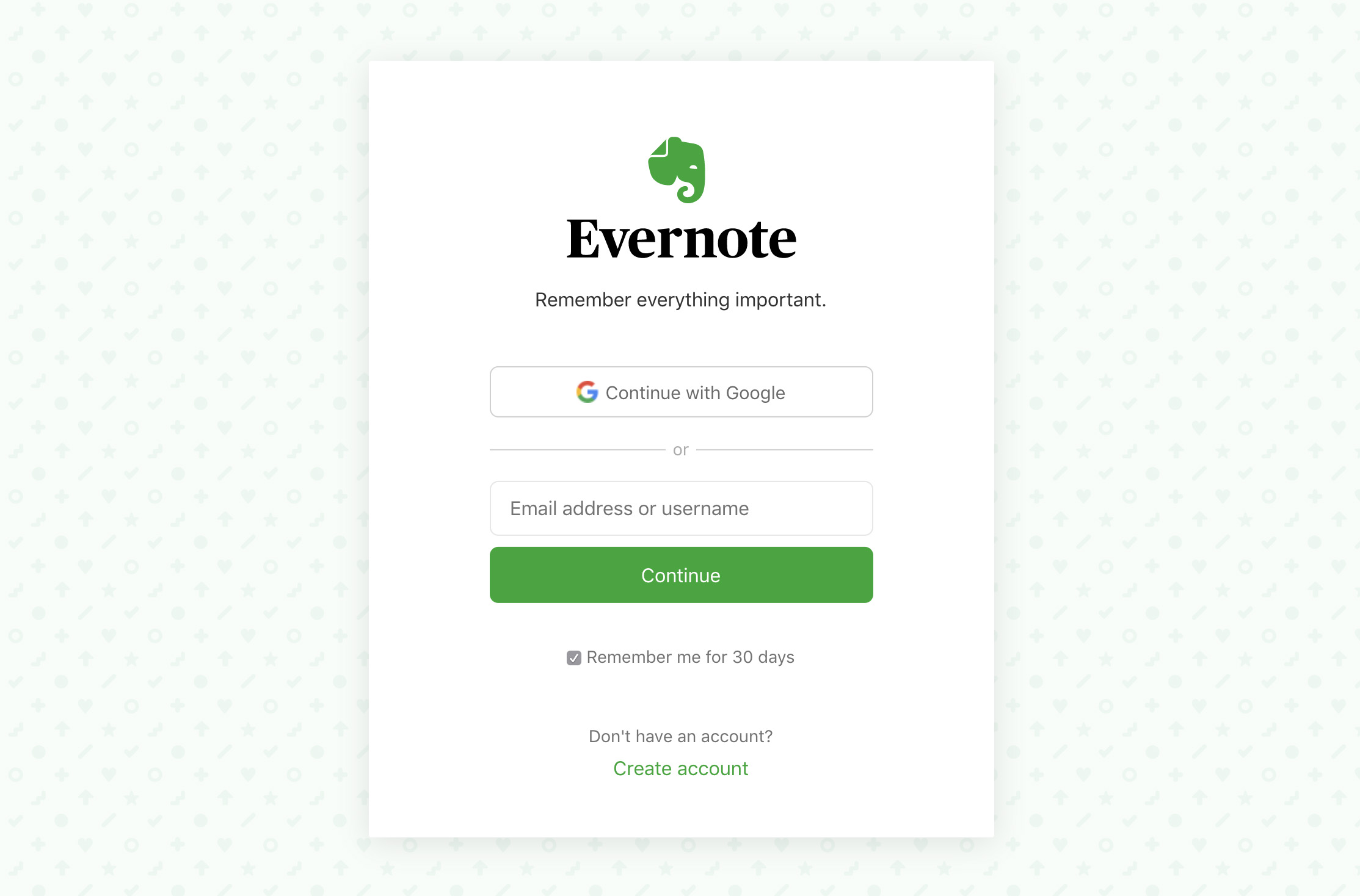 Evernote Web login page