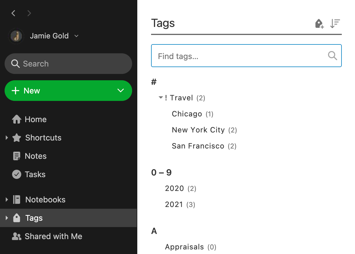 Screenshot of nested tags in the Tags view