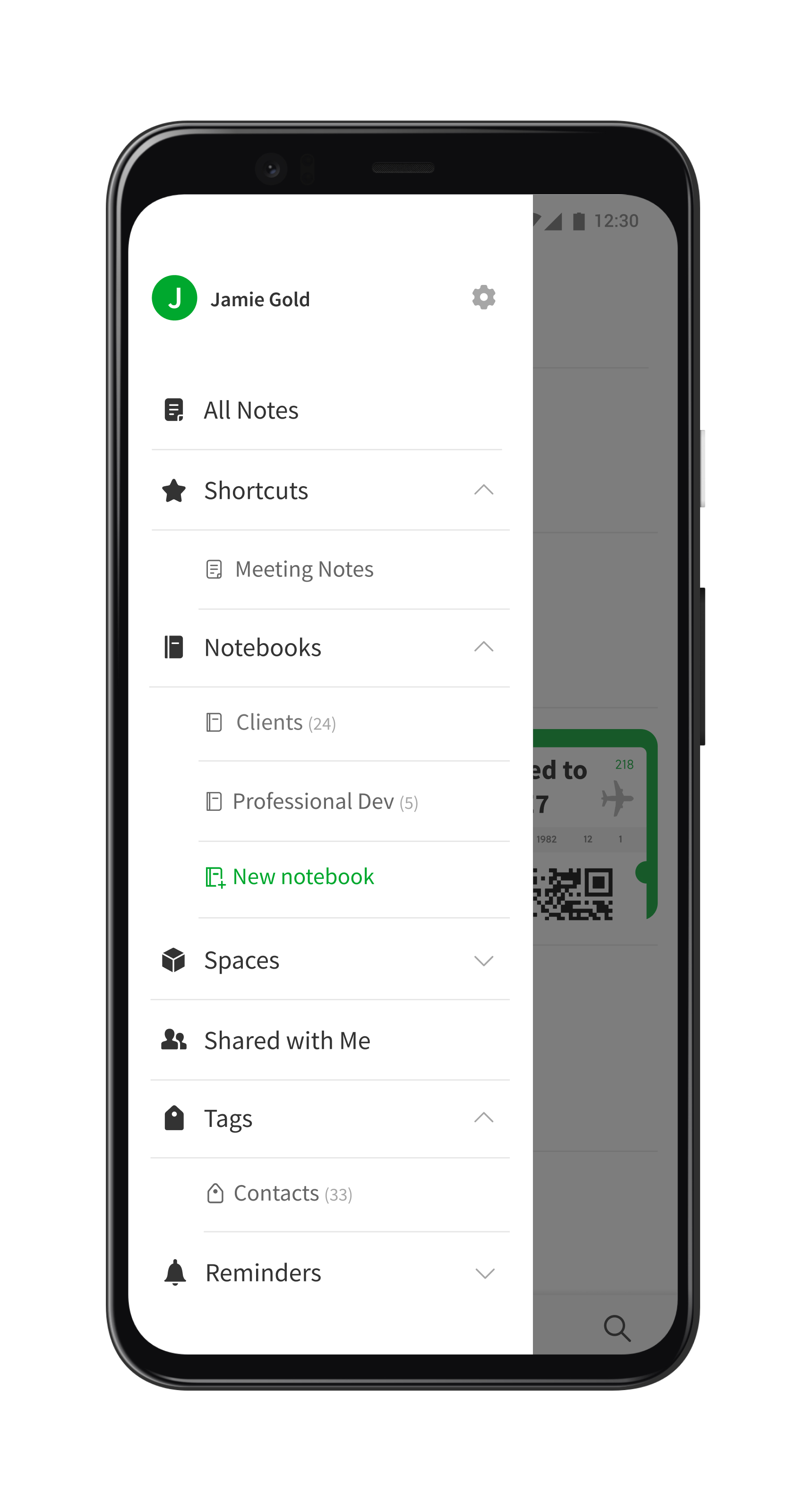 Den nye navigasjonsmenyen i Evernote for Android