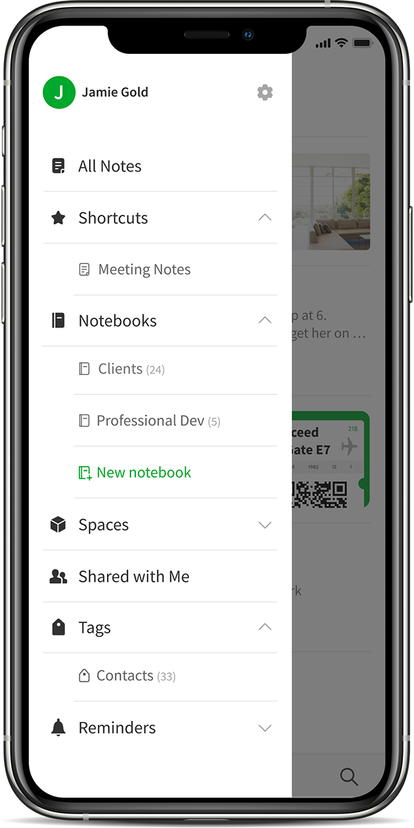 The new navigation menu in Evernote for iOS