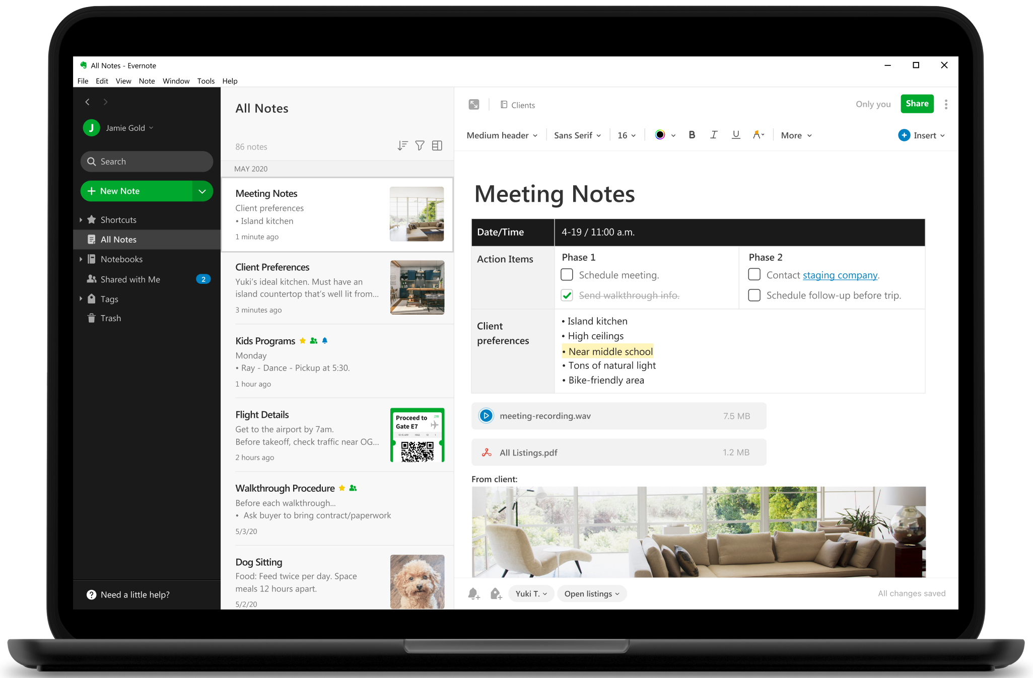  A screenshot of the Evernote interface, which is a note-taking app. The image includes a note with the title "Meeting Notes", a list of clients, and a to-do list.