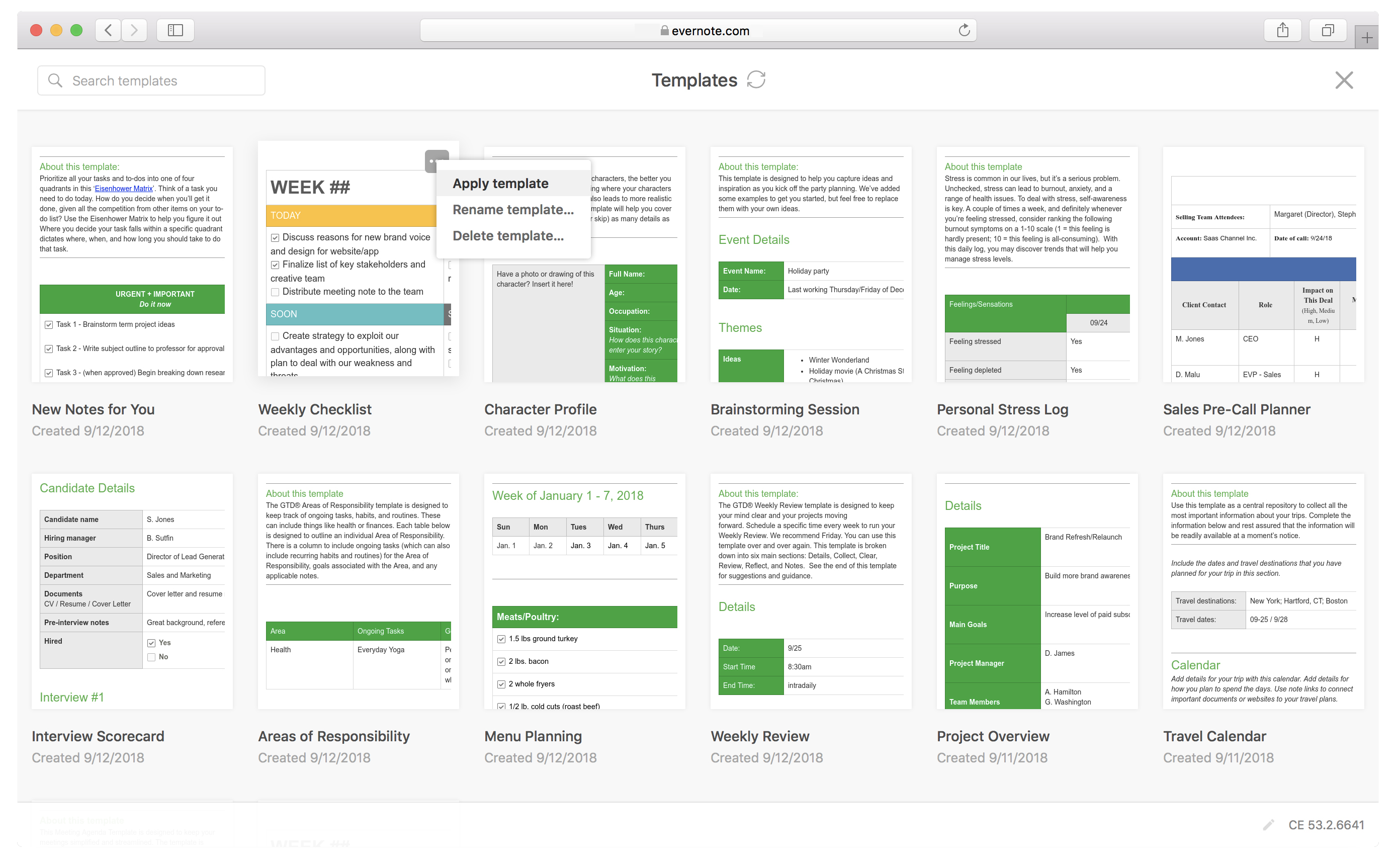 A view of a personal template gallery in Evernote Web